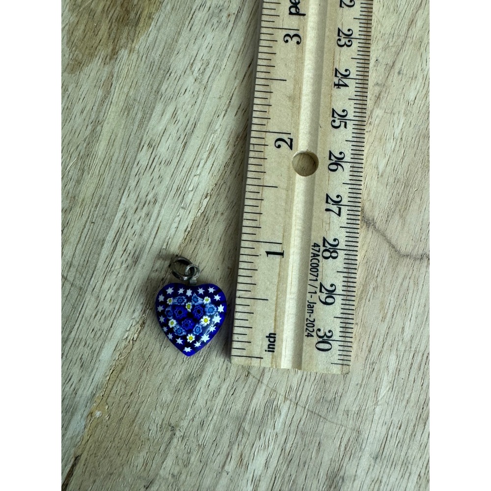 Vintage‎ Murano Millefiori Heart Pendant Sterling Silver 925 Italy Blue Floral